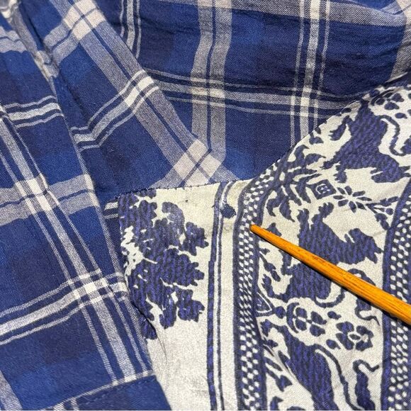 Johnny Was LANA Blue Gray Plaid Gingham Medallion Scarf Back Button Up Shirt - Picture 16 of 16